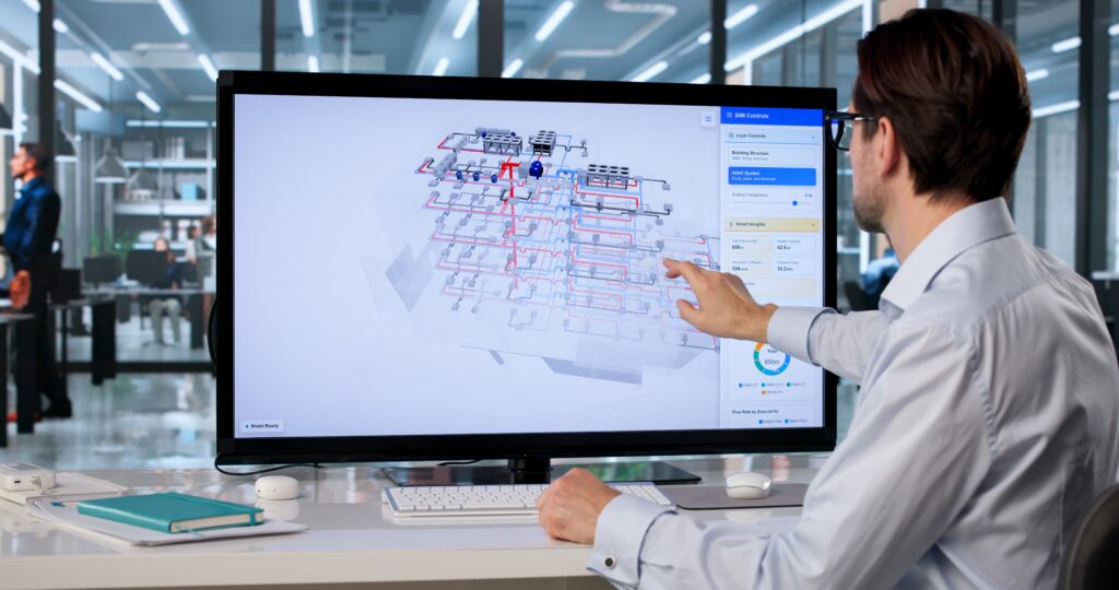 experienced,mechanical,engineer,inspects,3d,hvac,system,model,on,wide